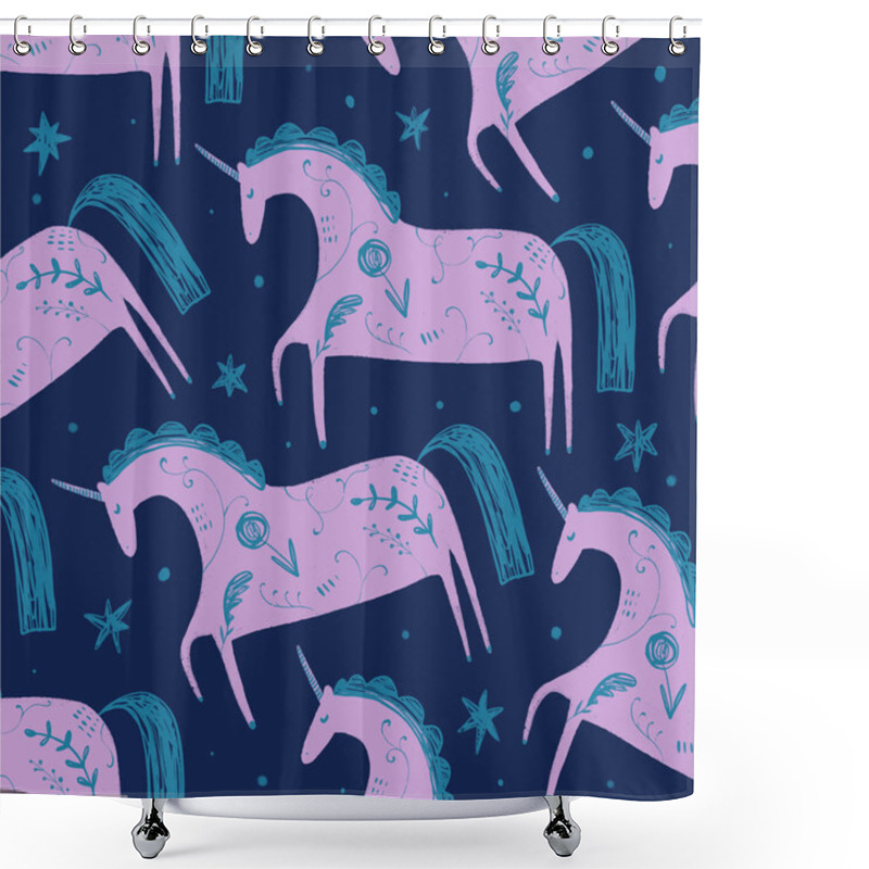 Personality  Magical Night Unicorns Pattern. Folk Style. Hand Drawn Stylized Temting Contemporary Art. Boho Hipster Drawing Shower Curtains