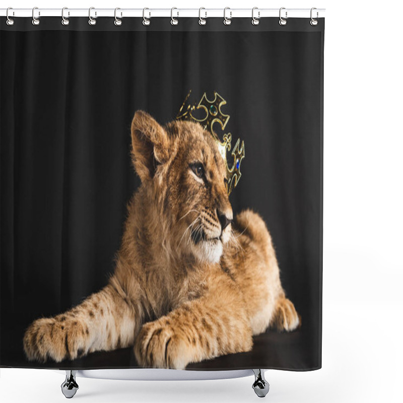 Personality  Adorable Lion Cub Lying In Golden Crown Isolated On Black Shower Curtains