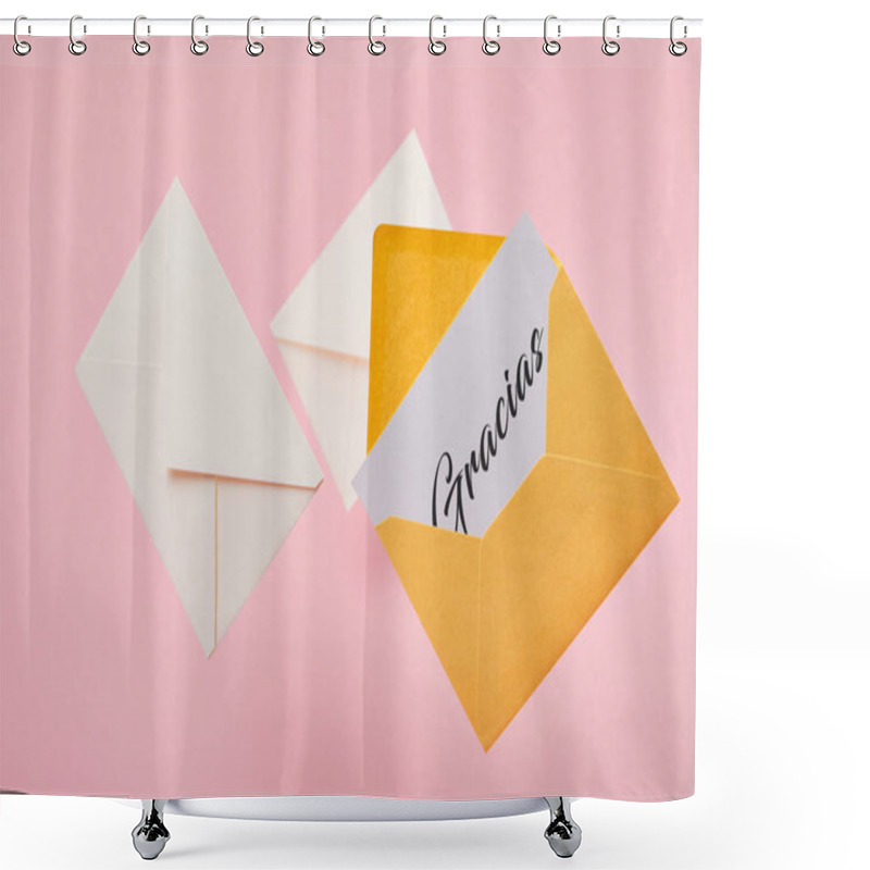 Personality  Yellow Bright Envelope With Gracias Lettering On White Card Near Letters On Pink Background Shower Curtains