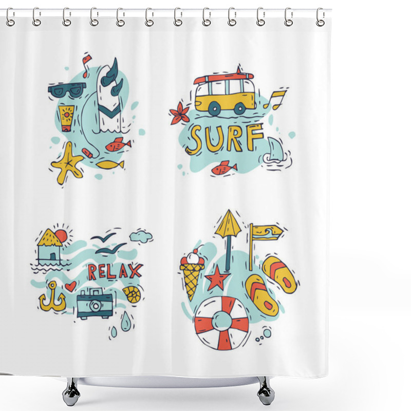 Personality  Hand Draw Icon Set Surfing Collection And Summer Holiday For Your Design. Tourism And Vacation Theme. Shower Curtains