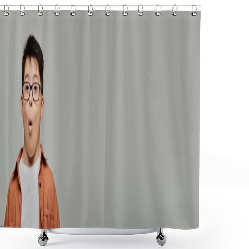 Personality  A Boy With Down Syndrome Wearing Glasses Contorts His Face In A Humorous Expression. Shower Curtains