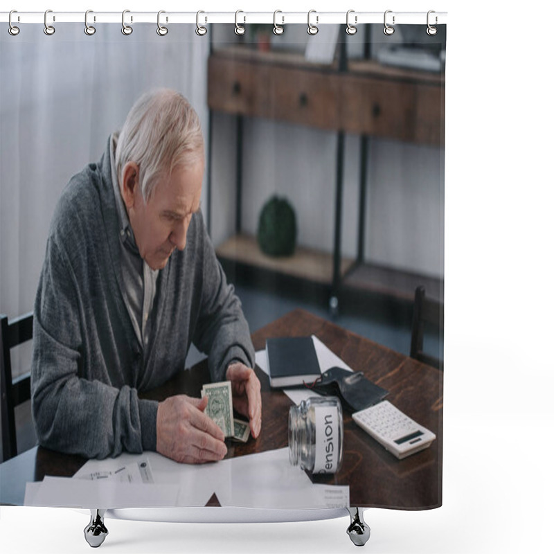 Personality  Senior Man Sitting At Table With Money, Paperwork And Glass Jar With 'pension' Lettering Shower Curtains