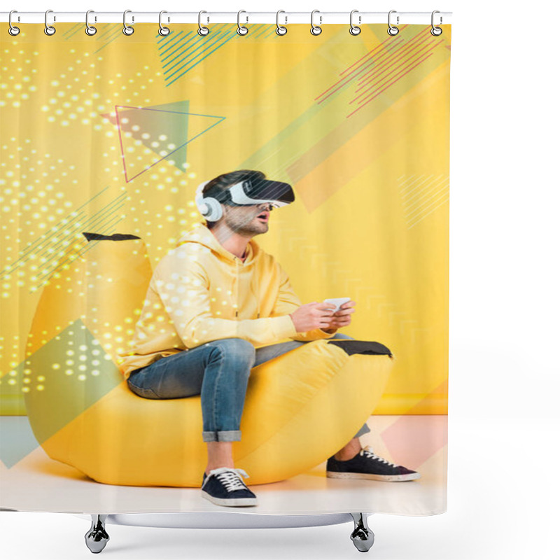 Personality  Excited Man On Bean Bag Chair In Virtual Reality Headset On Yellow With Cyberspace Illustration Shower Curtains