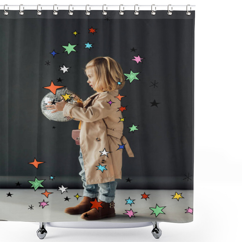 Personality  Side View Of Child In Trench Coat Holding Disco Ball On Black Background With Stars Illustration Shower Curtains