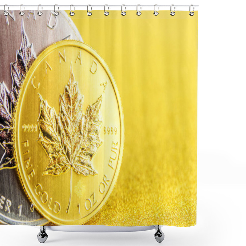 Personality  Silver And Golden Canadian Maple Leaf One Ounce Coins On Golden  Shower Curtains