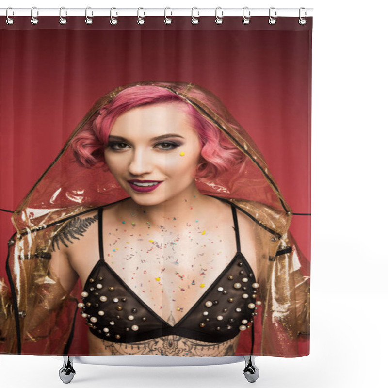 Personality  Beautiful Pink Haired Girl With Tattoos In Lingerie And Raincoat Infront Of Red Background Shower Curtains