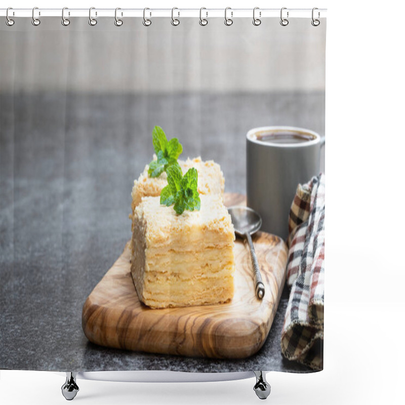 Personality  Napoleon  Cake Slices With Cup Of Coffee On Gray Table  Shower Curtains