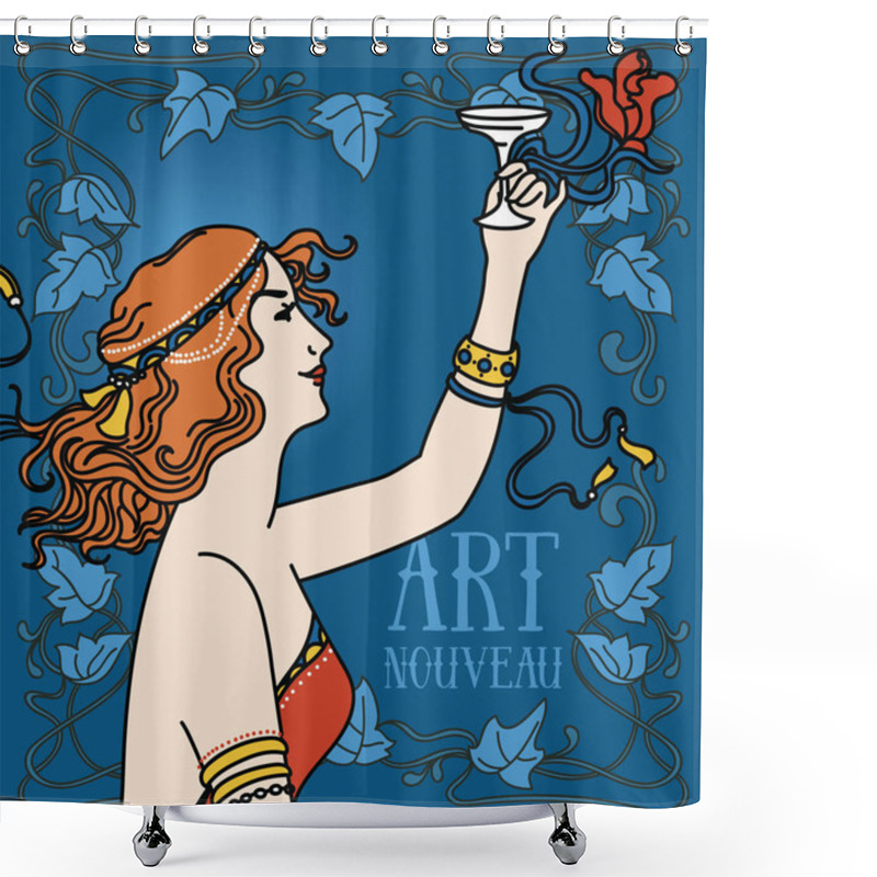 Personality  Beautiful Poster In Art Nouveau Style With Retro Woman Drinking Champagne And Floral Frame Shower Curtains