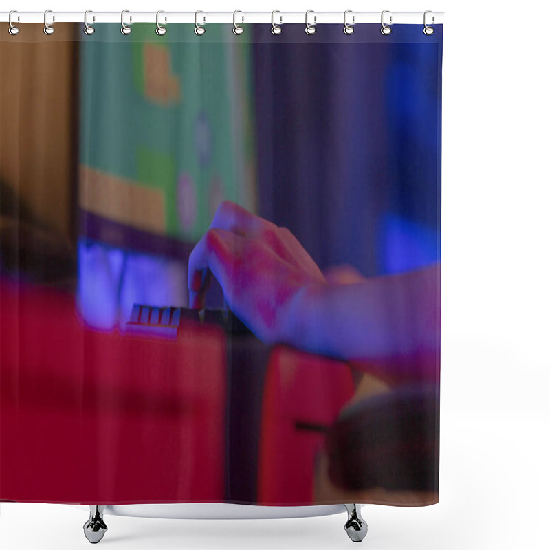 Personality  A Persons Hand Diligently Typing On A Computer Keyboard Amidst A Vibrant And Colorful, Illuminated Setting Shower Curtains