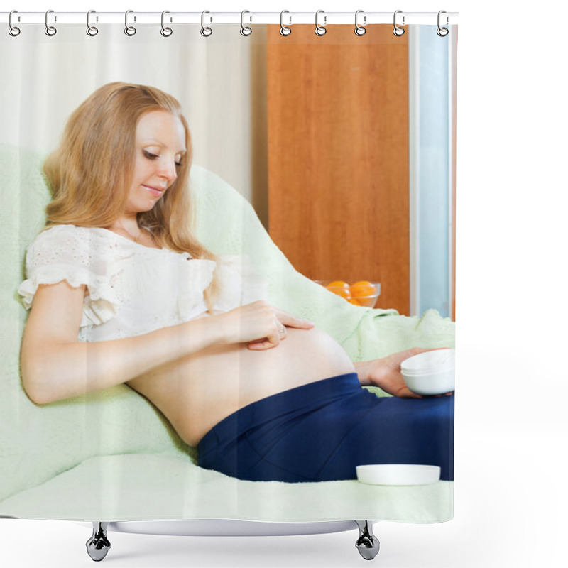 Personality  Pregnant woman putting cream on stomach shower curtains