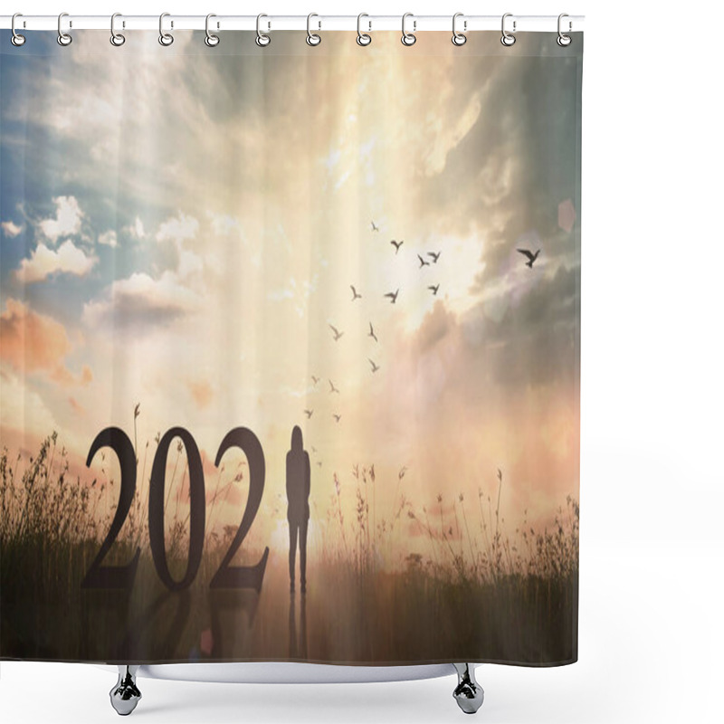 Personality  Success Woman Of New Year 2021 Concept: Silhouette Woman With Text For 2021 Against On Meadow Sunset Background Shower Curtains