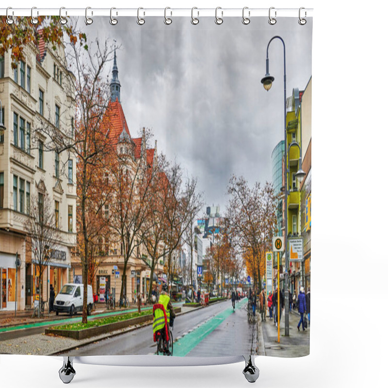 Personality  Berlin, Germany - November 23, 2021: Street Scene With A Green Painted Cycleway In A Business Street In Berlin-Steglitz. Shower Curtains