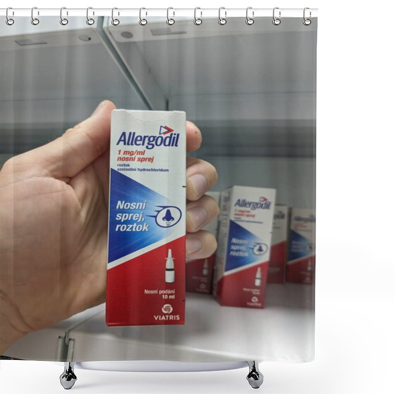 Personality  Prague, Czech Republic - July 10 2024: ALLERGODIL Box Of Medication With AZELASTINE Active Substance By MEDA PHARMA, Used For Treatment Of Allergic Rhinitis And Conjunctivitis. Shower Curtains