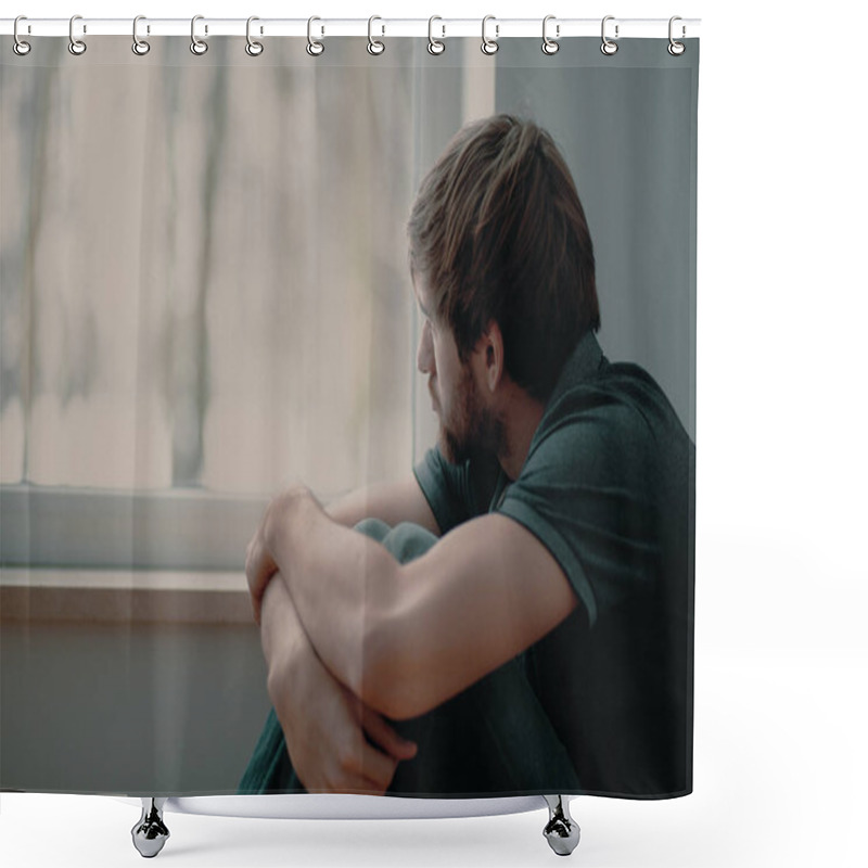 Personality  Sad Young Man Sitting On The Floor Looking Through The Window Shower Curtains