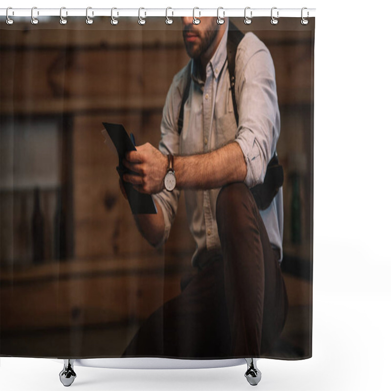 Personality  Cropped View Of Male Detective Making Notes  Shower Curtains