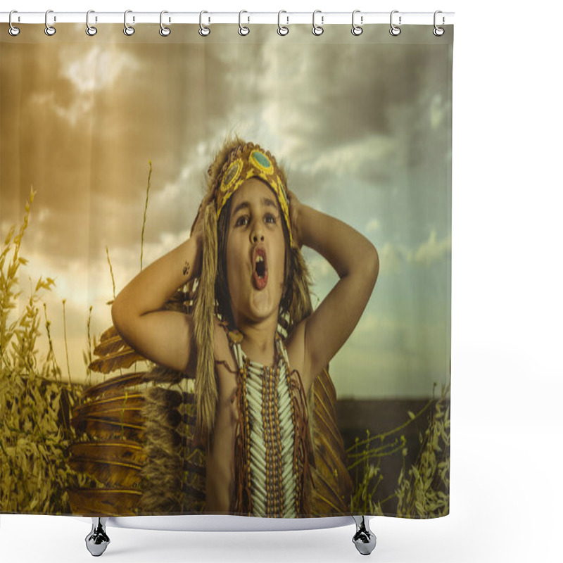 Personality  West, American Indian Boy Dressed In Traditional Feathered Costume, Wearing A Tuft On His Head, Picture At Sunset In A Wheat Field Shower Curtains