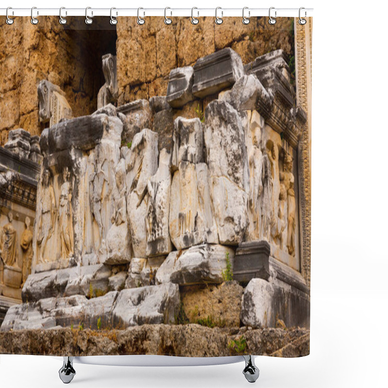 Personality  Remains Of Ornamental Reliefs Depicting Mythological Scenes Decorating Skene Building Of Roman Theater In Ancient City Of Perge, Antalya Province, Turkey Shower Curtains