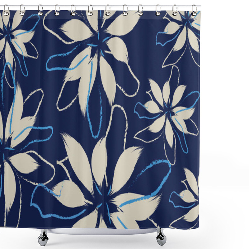 Personality  The Flowers Are Outlined With Bold, Blue And White Lines, Giving The Design, And Abstract Allover Vector Flower Pattern On Green Background Shower Curtains