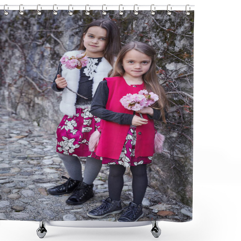 Personality  Little Girls Holding Bouquets Of Flowers. Shower Curtains