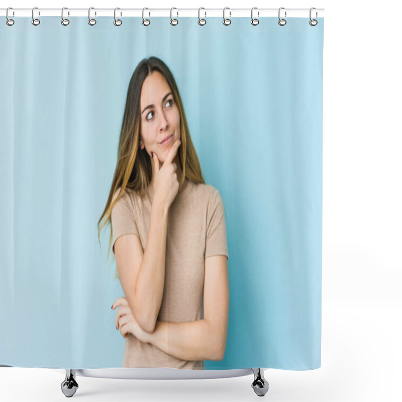 Personality  Young Caucasian Woman Isolated On Blue Background Thinking And Looking Up, Being Reflective, Contemplating, Having A Fantasy. Shower Curtains