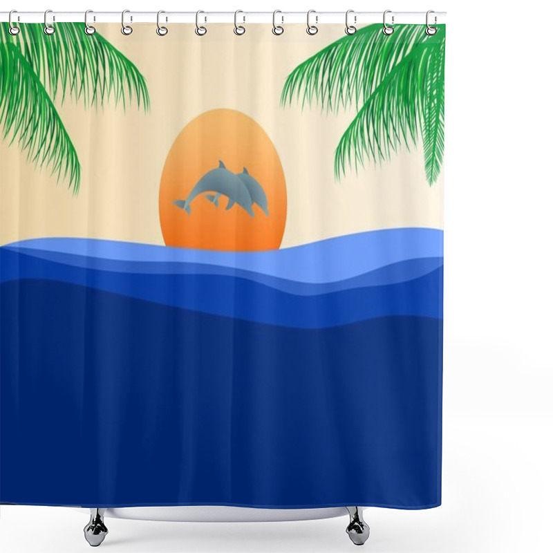 Personality  Holiday Summer Landscape With The Jumping Dolphins Above The Sea Surface At Sunset With Orange Sun In The Background And Green Palms On The Sides Shower Curtains