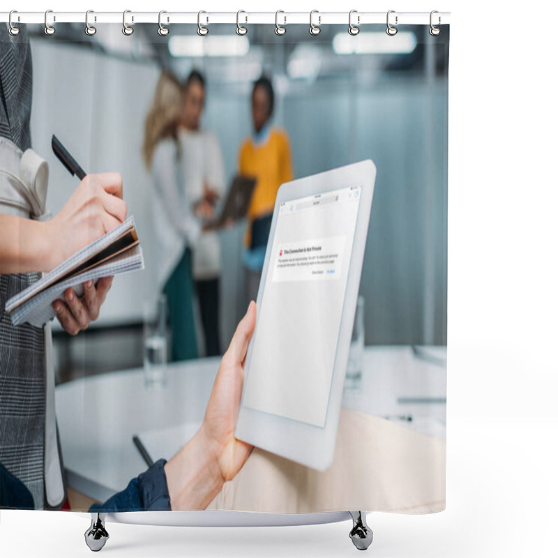 Personality  Businessman Holding Tablet With Browser App On Screen At Modern Office While Colleague Making Notes Shower Curtains