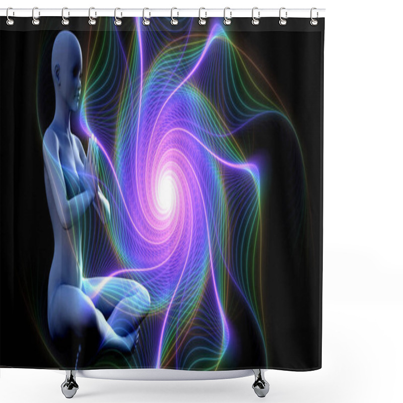 Personality  Silhouette Of A Girl In Lotus Position On The Background Of The Fractal Universe. A State Of Trance And Deep Meditation. A Spiritual Journey In The Universe. 3D Illustrations. Shower Curtains