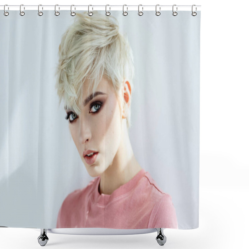 Personality  Beauty Portrait Of Fashion Blond Model In Messy Short Hair Shower Curtains