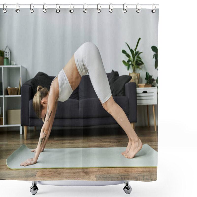 Personality  A Young Woman In Active Wear Practices Yoga In Her Modern Apartment. Shower Curtains