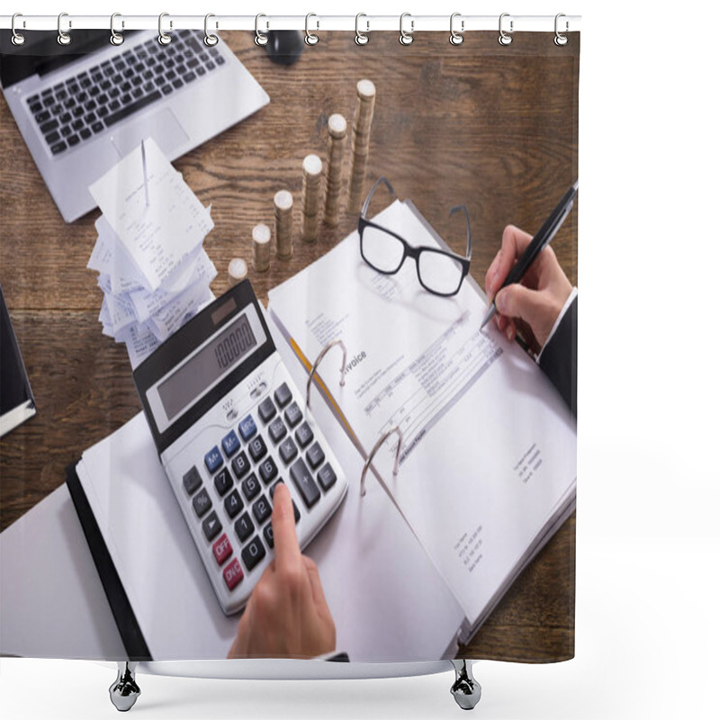 Personality  Close-up Of A Businessperson's Hand Calculating Invoice With Calculator In Office Shower Curtains