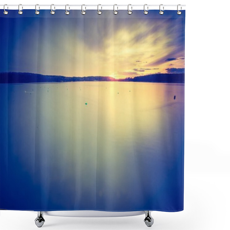 Personality  Sunset Over Calm Lake Shower Curtains