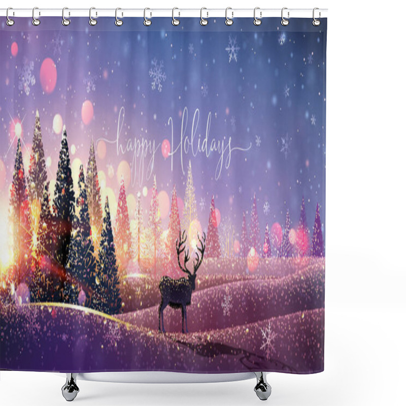 Personality  Christmas Card With Reindeer, Winter Sunny Landscape. Vector Shower Curtains