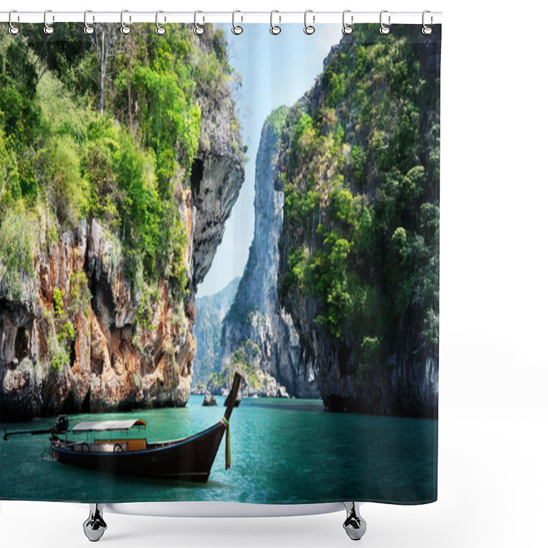 Personality  Long Boat And Rocks On Railay Beach In Krabi, Thailand Shower Curtains