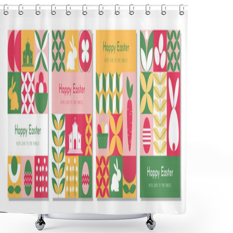 Personality  Set Of Modern Happy Easter Banners With Geometric Shapes In Abstract, Trendy Minimalist Style. Perfect For Holiday Decor And Design. Shower Curtains