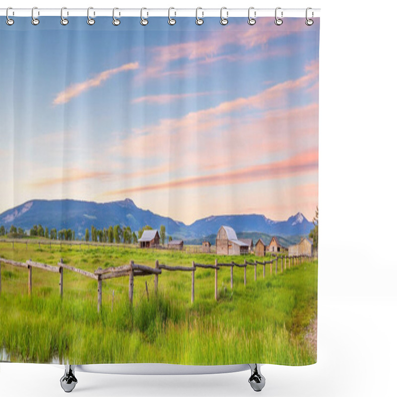 Personality  The Abandoned Barn In The Mormon Row, Wyoming With Grand Tetons View. It Is On The National Registrer Of Historic Places. Shower Curtains