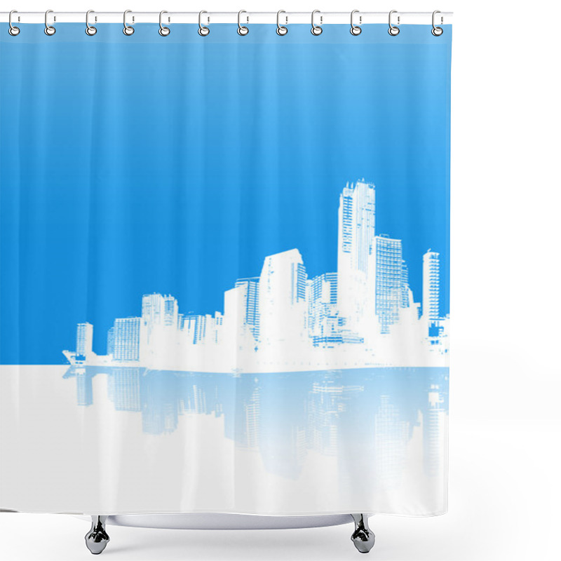 Personality  Blue Panorama Of City With Reflection. Vector Art. Shower Curtains