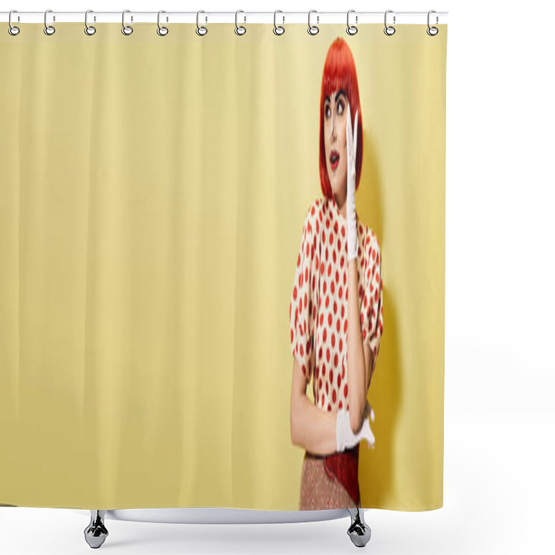 Personality  A Vibrant Redhead In A Polka Dot Shirt With Creative Pop Art Makeup, Brings Comic Book Character Vibes To Life On A Yellow Background. Shower Curtains