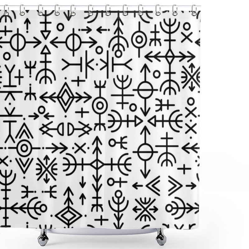 Personality  Ethnic Norwegian Icelandic Seamless Pattern. Runic Talismans Of The Vikings And Northern Peoples. Magic And Magical Runes. Pagan Signs. Futhark Repeatable Background. Vector  Shower Curtains