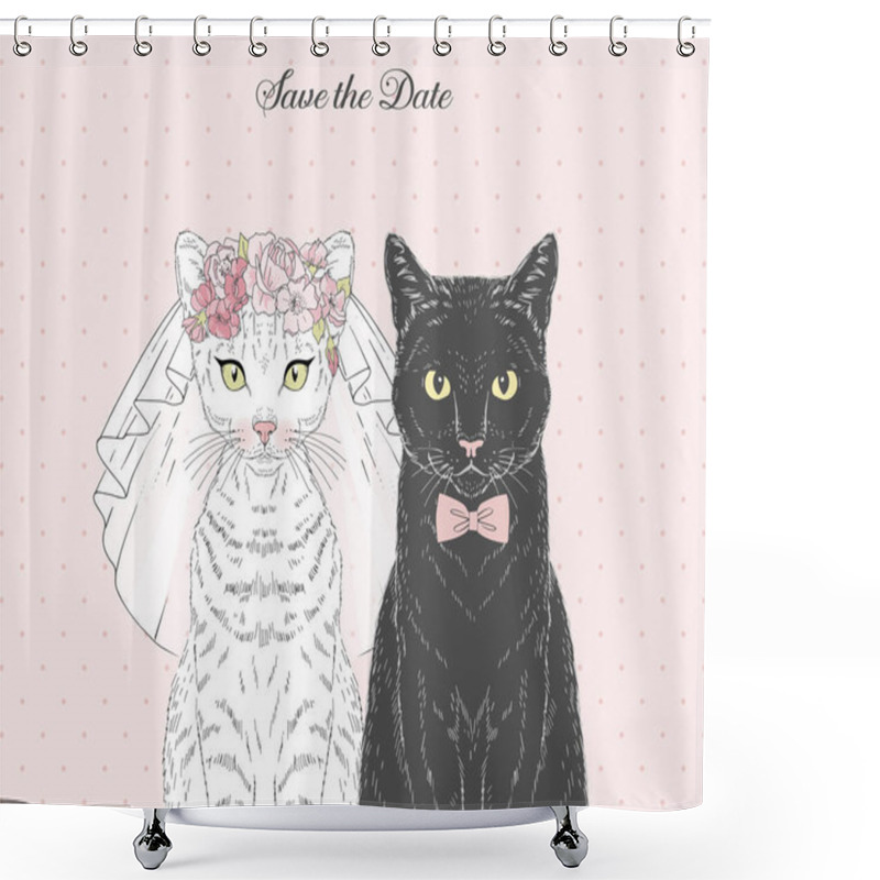 Personality  White Cat Bride In Wedding Veil And Floral Diadem And Black Cat Groom In Bow Tie. Shower Curtains