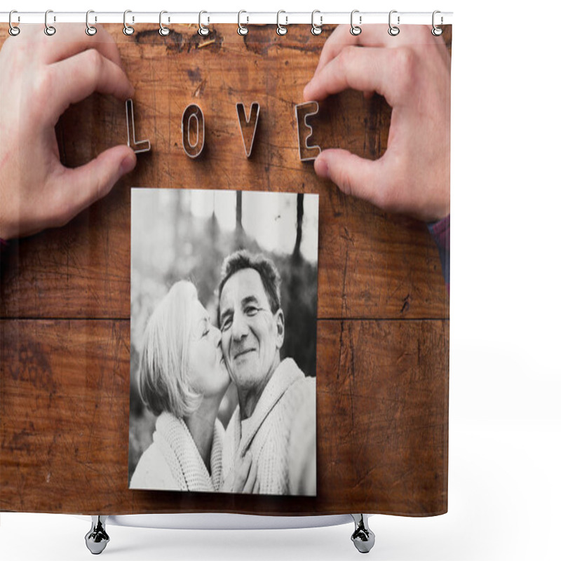 Personality  Hands Creating Love Sign. Picture Of Senior Couple. Studio Shot, Shower Curtains