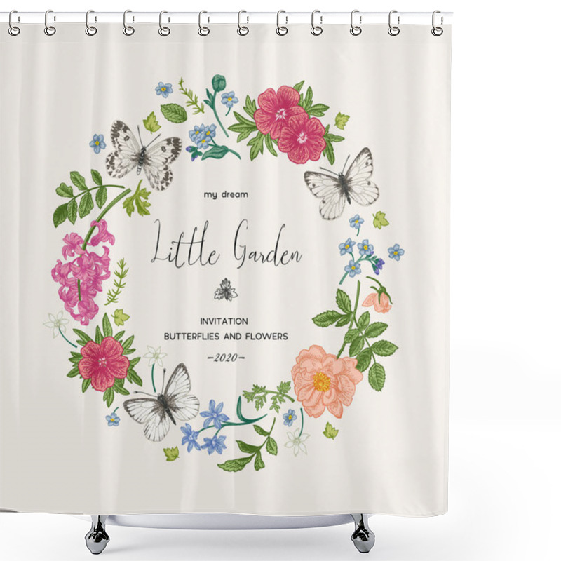 Personality  Wreath-shaped Wedding Invitation With Spring Flowers And Butterflies. Little Garden. Rosehip, Meadow Geranium, Forget-me-not, Hyacinth. Colorful. Shower Curtains