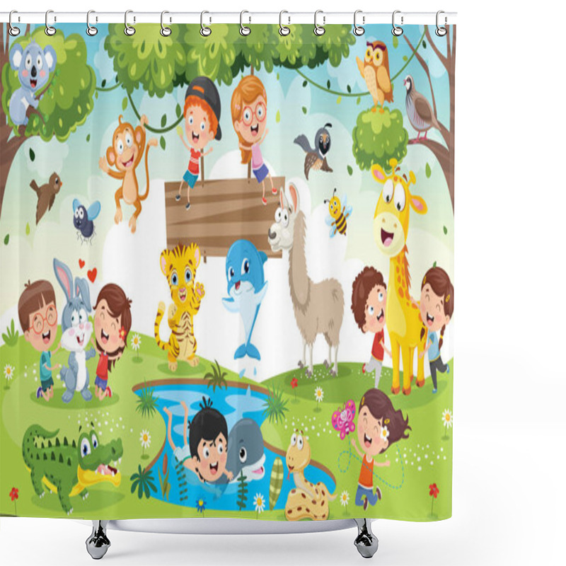 Personality  Children Playing With Funny Animals Shower Curtains