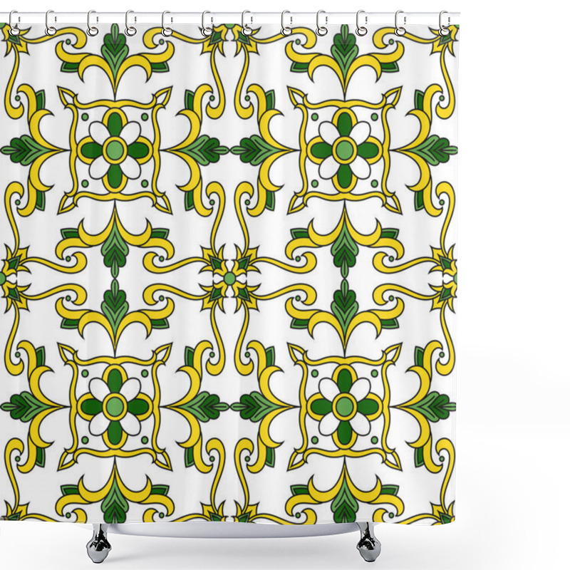 Personality  Portuguese Tiles Pattern Vector Seamless With Floral Ornaments. Azulejos, Mexican Talavera, Spanish, Italian Majolica Or Moroccan Arabic Motifs. Tiled Background For Wallpaper, Ceramic Or Fabric. Shower Curtains