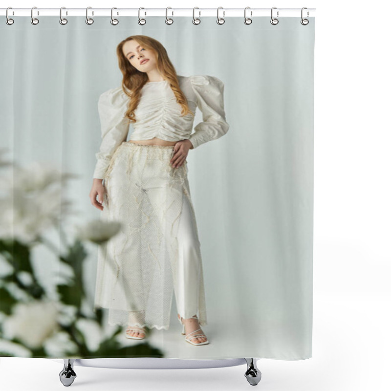 Personality  A Beautiful Woman Poses Elegantly Near Blooming Flowers. Shower Curtains