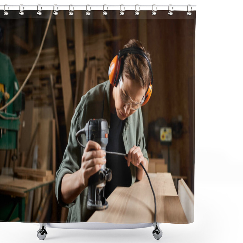 Personality  A Focused Carpenter Works Diligently On A Wooden Piece, Using A Power Tool In Her Well-equipped Workshop. Shower Curtains