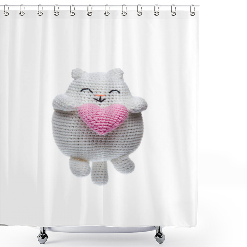 Personality  A Cute, Handmade, White Crocheted Cat Holding A Pink Heart, Perfect For Valentine's Day, Gifts, Or Home Decor. Shower Curtains