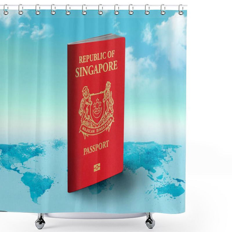 Personality  Singapore Passport On World Map With Clouds In Background Shower Curtains