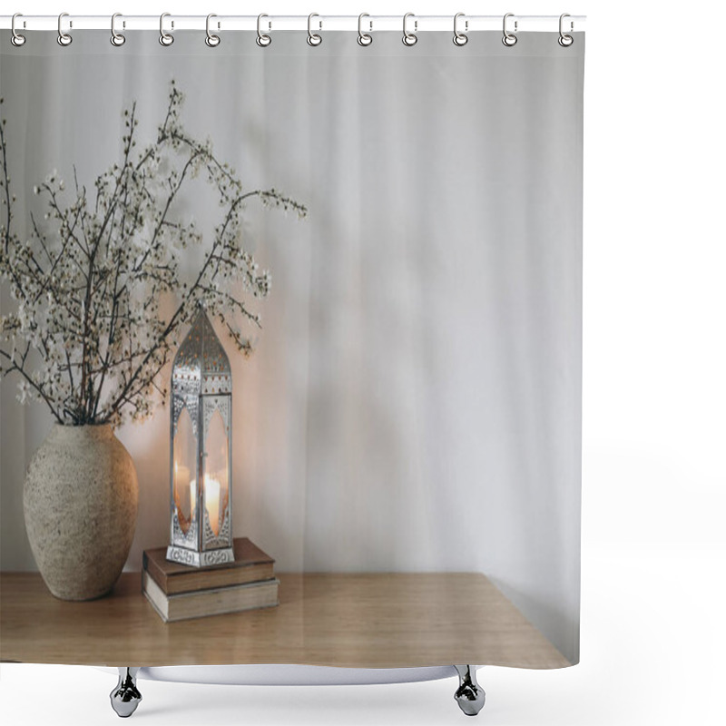 Personality  White Flowers, Blooming Prunus Tree Branches In Vase. Glowing Moroccan Lantern On Books. Wooden Table. White Wall Background. Iftar Dinner. Ramadan Kareem Greeting Card, Eid Ul Fitr Muslim Holiday. Shower Curtains