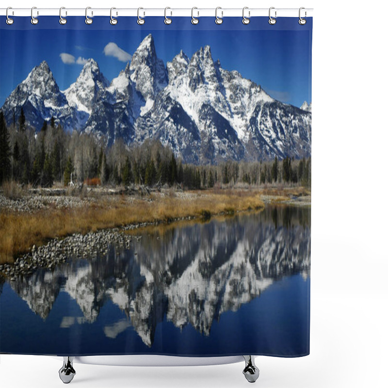 Personality  Reflection Of Teton Mountain Range Wyoming In River Lake Or Pond Water Shower Curtains