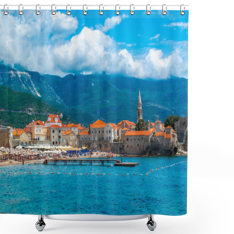 Personality  Landscape Of Sandy Brijeg Od Budva Beach And Old City Walls Fortress. Architecture Of Old Town Budva With Orange Roofs. Beautiful Blue Summer Sunny Mountainscape. Montenegro. Shower Curtains